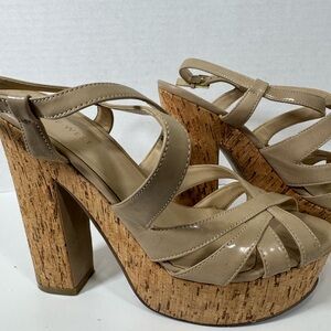 Nine West Beige Patent Leather Platform Sandals with Cork Block Heel